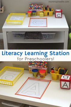 a white table topped with lots of toys and letters