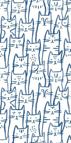 a drawing of many cats that are blue and white