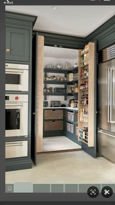 an open pantry with two ovens and shelves in the corner, next to each other