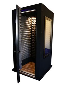 a black cabinet with a wooden floor and glass door on the front, side view