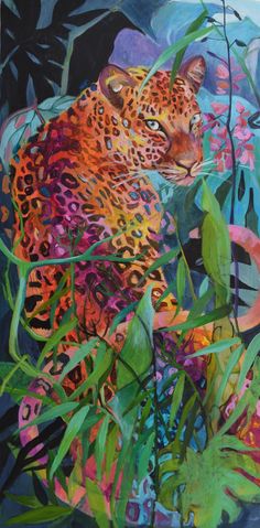 a painting of a leopard surrounded by plants