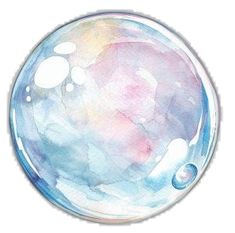 a watercolor painting of a blue, pink and white ball with bubbles on it