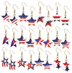 patriotic stars and stripes dangle earrings in red, white, and blue with dangling hooks