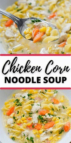 chicken corn noodle soup in a white bowl with a spoon