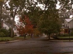 an empty street with houses and trees on both sides during the fall or early autumn