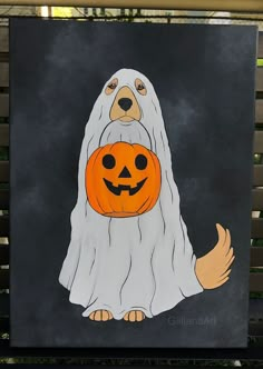 a painting of a ghost dog with a pumpkin on it's face and hands