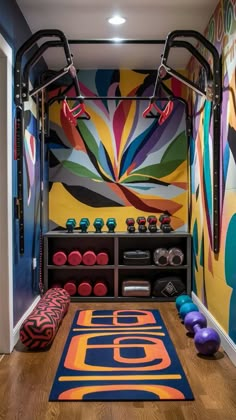 a brightly colored gym room with colorful wallpaper