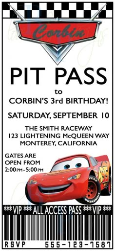 an image of a birthday card for a child's car race party with the name,