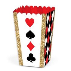 a red and white box with playing cards on it