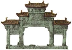 an old chinese gate with two birds on top