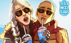 two people with sunglasses holding drinks in their hands and the caption is 100 % incel tears