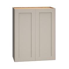 a white cabinet with two doors and a wooden shelf on the bottom, against a white background