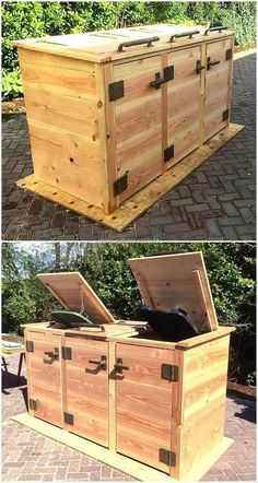 an outdoor storage box made out of pallets and wooden planks is shown in two different views