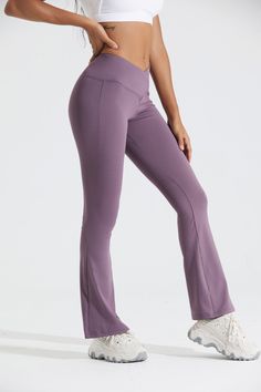 Flare Crossover Legging - LA7 ONLINE Activewear Purple / XXL Flare Leggings For Gym, Fitted Flare Activewear For Gym, High Stretch Flare Activewear For Sports, High Stretch Flare Activewear For Workout, Flare Yoga Pants For Athleisure, Flare Yoga Pants For Workout, Flared Yoga Pants For Workout, Athleisure Wide Leg Leggings For Pilates, Sporty Flare Activewear For Gym