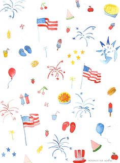 an illustration of fireworks, balloons, and other items on a white background with stars