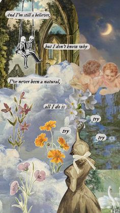 a collage of images with flowers and angels in the sky, including an image of a woman sitting on a swing