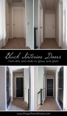 three pictures of the inside of a house with black doors and white trim on each door