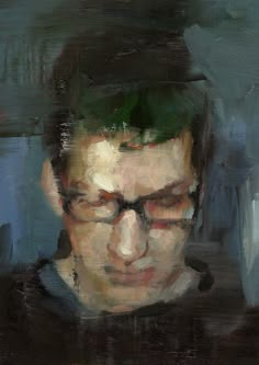 a painting of a man with glasses and green hair