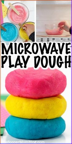 there is a collage of different play doughs with the words microwave play dough on them