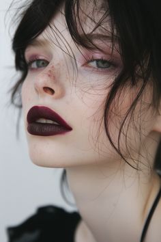 Deep Makeup Looks, Cute Goth Makeup Looks, Dark Cherry Makeup, Dark Purple Lipstick Makeup, Dark Lipstick Aesthetic, Dark Lip Makeup Look, Black Outfit Makeup, Red And Black Lipstick, Black Hair Red Lipstick