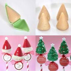 four different types of christmas candies with santa hats on them