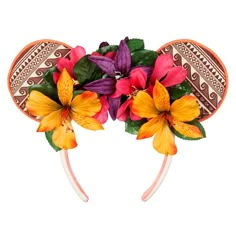 the headband has flowers on it and is decorated with green leaves, purple orchids, and orange lilies