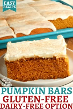 a close up of a slice of pumpkin bars on a plate with the title overlay