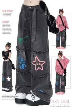 Retro Graffiti, Dark Clothing, Pants With Belt, Y2k Pants, Aesthetic Fits, Star Jeans, Fashion Board, Fun Fashion