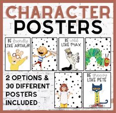 a poster with pictures of people and animals on it's sides, including the words character posters