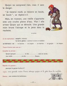 an old french language book with pictures of people and animals on the pages, including a man