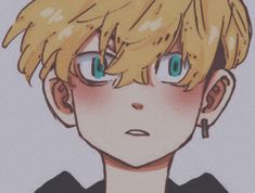 an anime boy with blonde hair and blue eyes looks at the camera while wearing black shirt