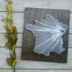 a string art piece is displayed on a wooden surface next to a plant with green leaves