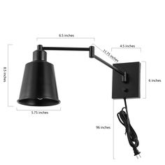 an image of a black wall light with measurements for the bulb and plugged cord