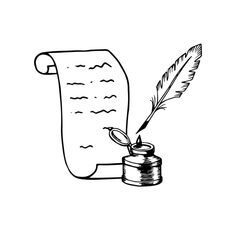 an ink pen and paper with a quill on the top, next to it is a scroll