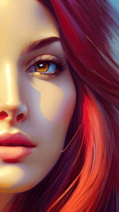 a digital painting of a woman's face with long red hair and blue eyes