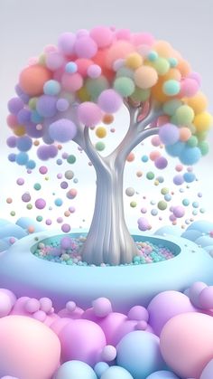 a colorful tree with lots of bubbles in the air