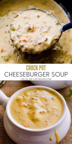 two pictures showing different types of cheeseburger soup