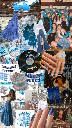 a collage of photos with various items in the middle and one person's hand holding