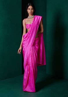 Ekaya-Fuschia Pink Sari And Unstitched Blouse-INDIASPOPUP.COM Luxury Pink Blouse Piece For Traditional Ceremonies, Luxury Pink Blouse Piece For Party, Luxury Pink Blouse Piece For Celebration, Thread Ceremony Outfits, Luxury Bollywood Style Pink Tops, Hot Pink Saree Look, Pink Saree Styling, Luxury Pink Bollywood Style Top, Cheap Bollywood Style Pink Blouse