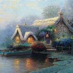 a painting of a house on the water with boats and flowers in front of it