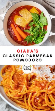 a plate of pasta with tomato sauce and parmesan cheese on top, next to a bowl of vegetables