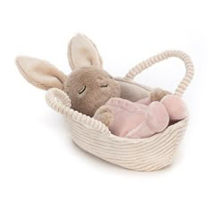 a stuffed animal in a basket on a white background