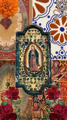 an image of the virgin mary surrounded by colorful tiles and flowers in front of it