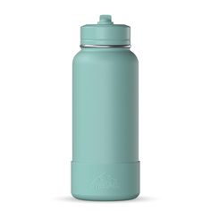 thermos water bottle is shown in light blue, and features a stainless steel lid