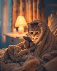 a cat sitting on top of a bed under a blanket looking at a cell phone