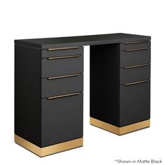 a black and gold desk with drawers on the bottom, shown in matte black