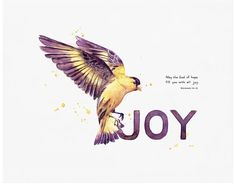 a bird flying over the word joy with its wings spread out and it's beak open