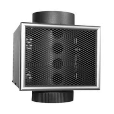 a black and white photo of a metal ventilator with four lights on each side