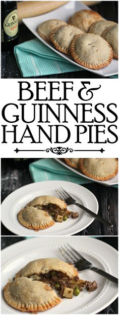 beef and guinness hand pies on white plates