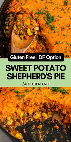 sweet potato shepherd's pie in a skillet with a wooden spoon on the side